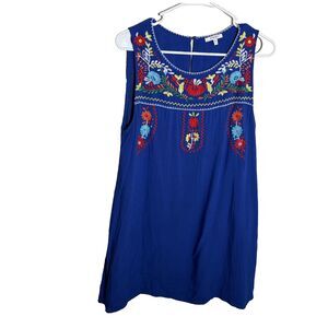 Jodiful Tank Top Women's Large Blue Embroidered Sleeveless Floral Boho Tunic